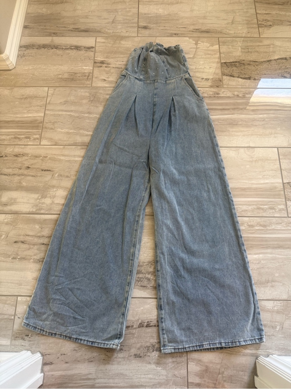 SHEIN denim rhinestone top Wide Leg jumpsuit
